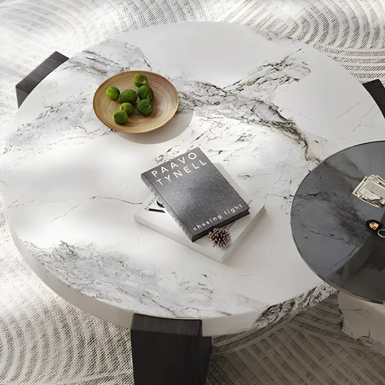 White Marble Round Coffee Table with Three Wood Legs