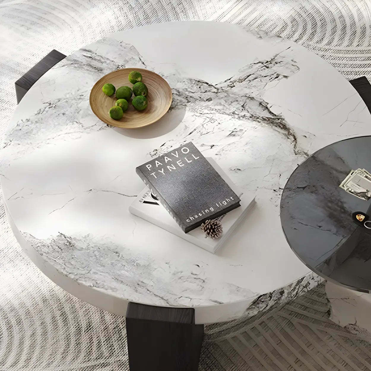 White Marble Round Coffee Table with Three Wood Legs