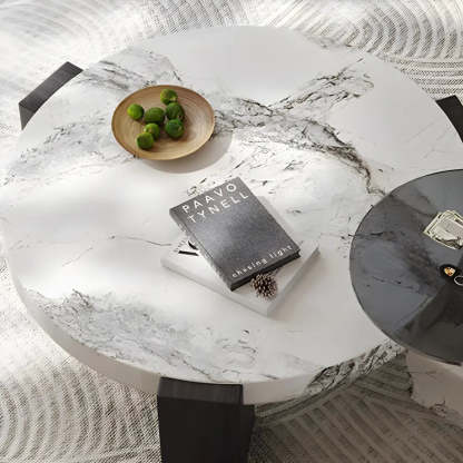 White Marble Round Coffee Table with Three Wood Legs