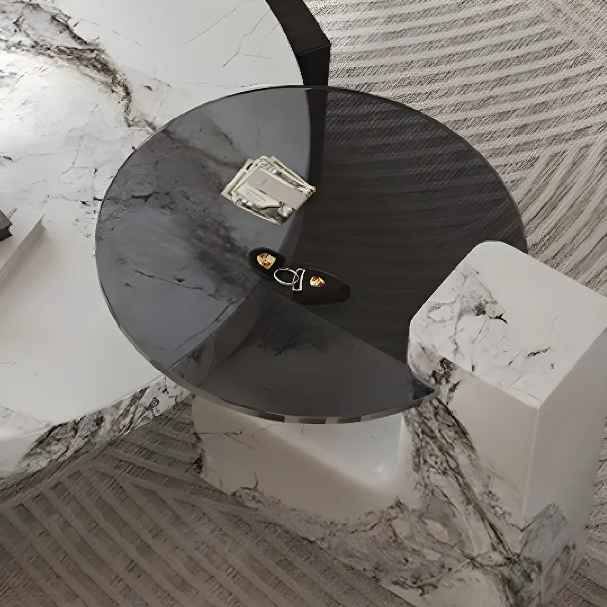 White Marble Round Coffee Table with Three Wood Legs