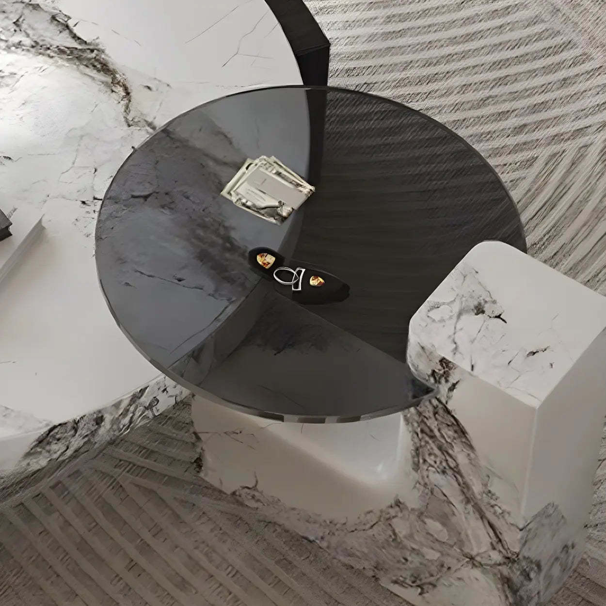 White Marble Round Coffee Table with Three Wood Legs