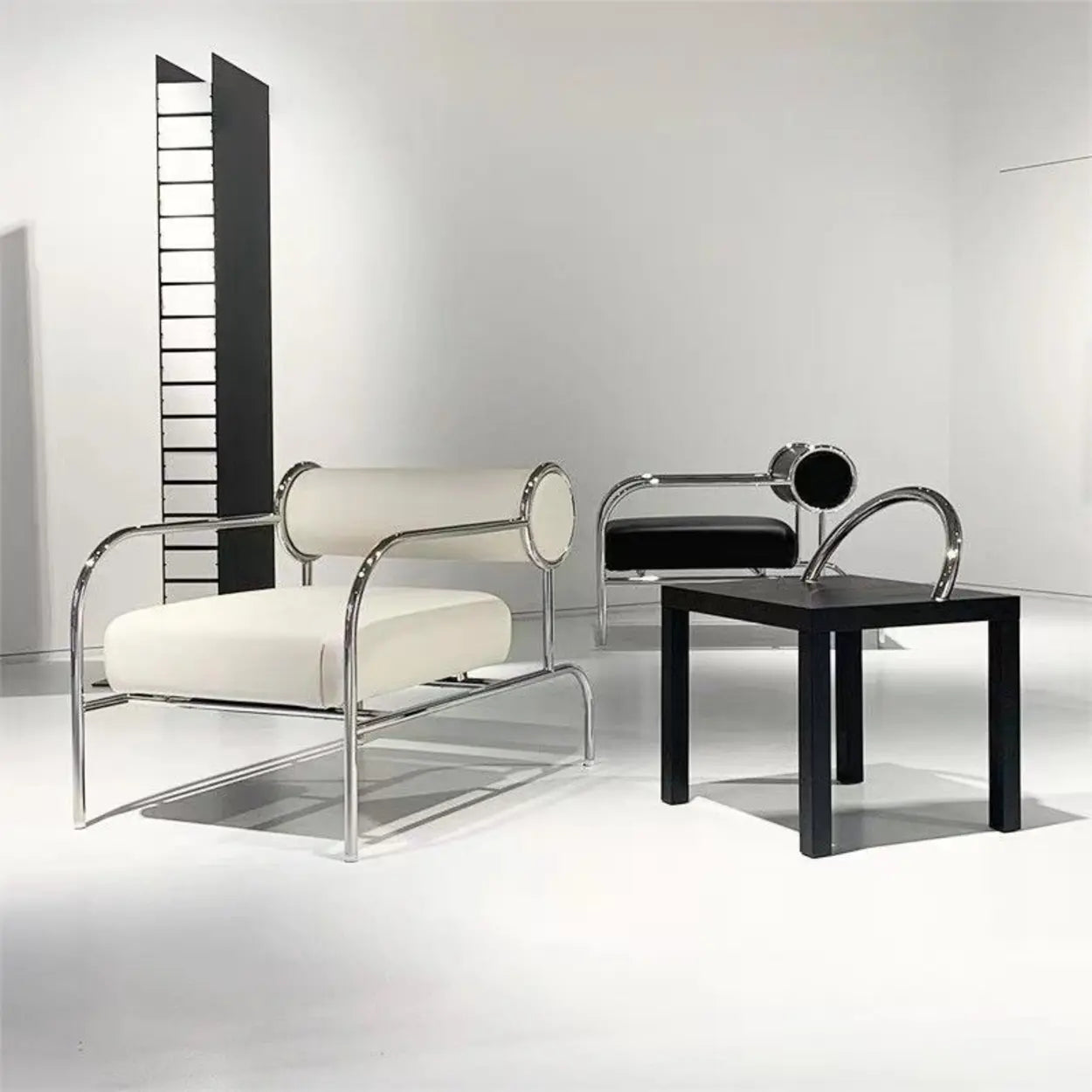 White Metal Arm Chair with Silver Legs — Black