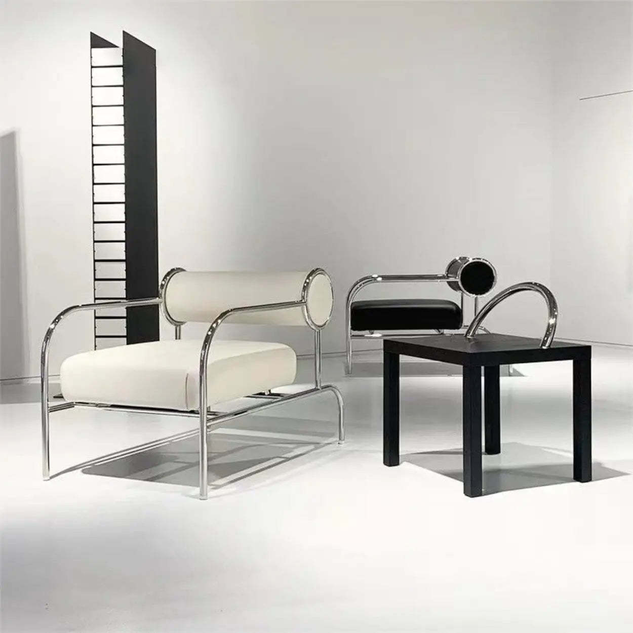 White Metal Arm Chair with Silver Legs — Black