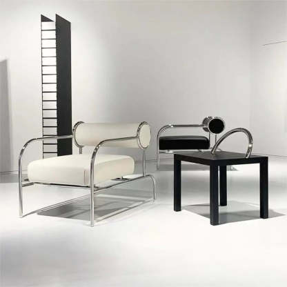 White Metal Arm Chair with Silver Legs — Black
