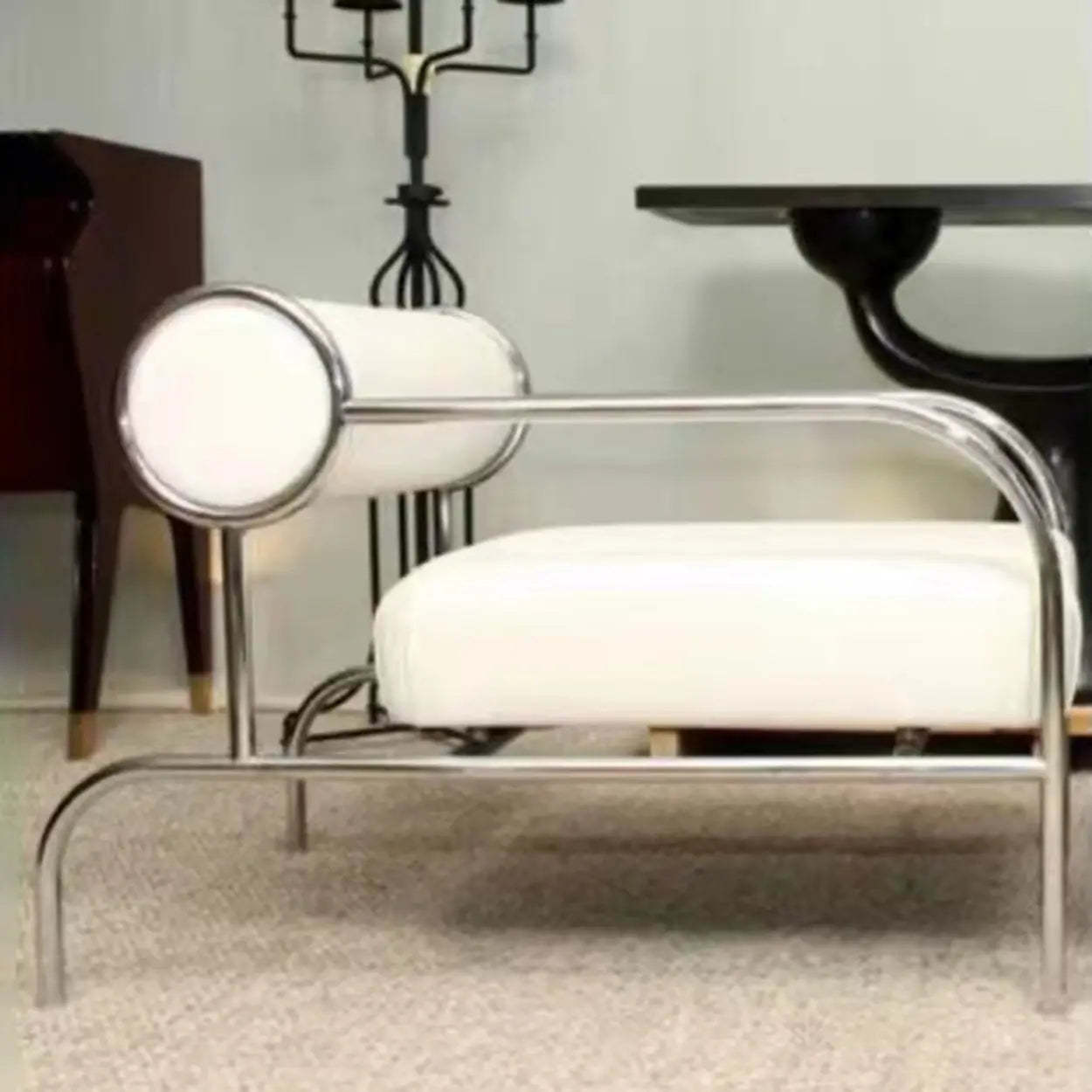 White Metal Arm Chair with Silver Legs