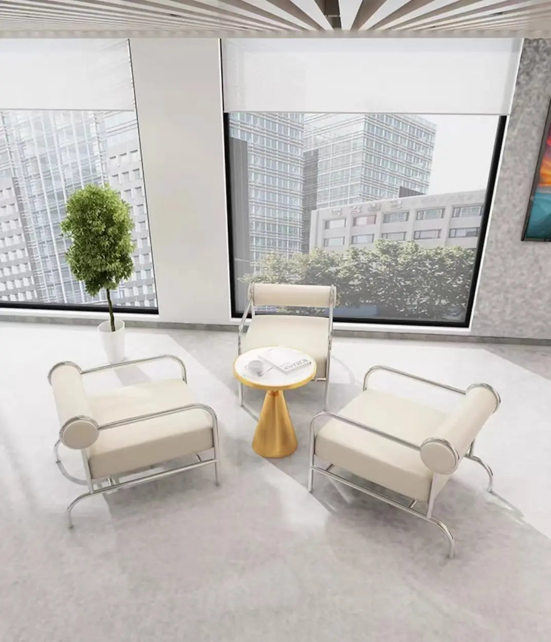 White Metal Arm Chair with Silver Legs