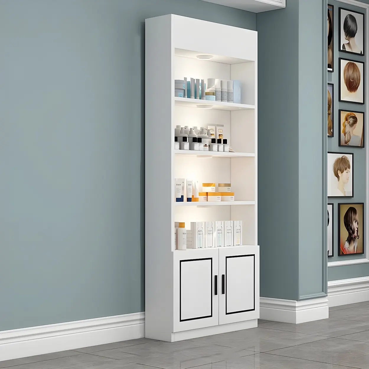 Modern White Rectangular Wood Open Display Cabinet