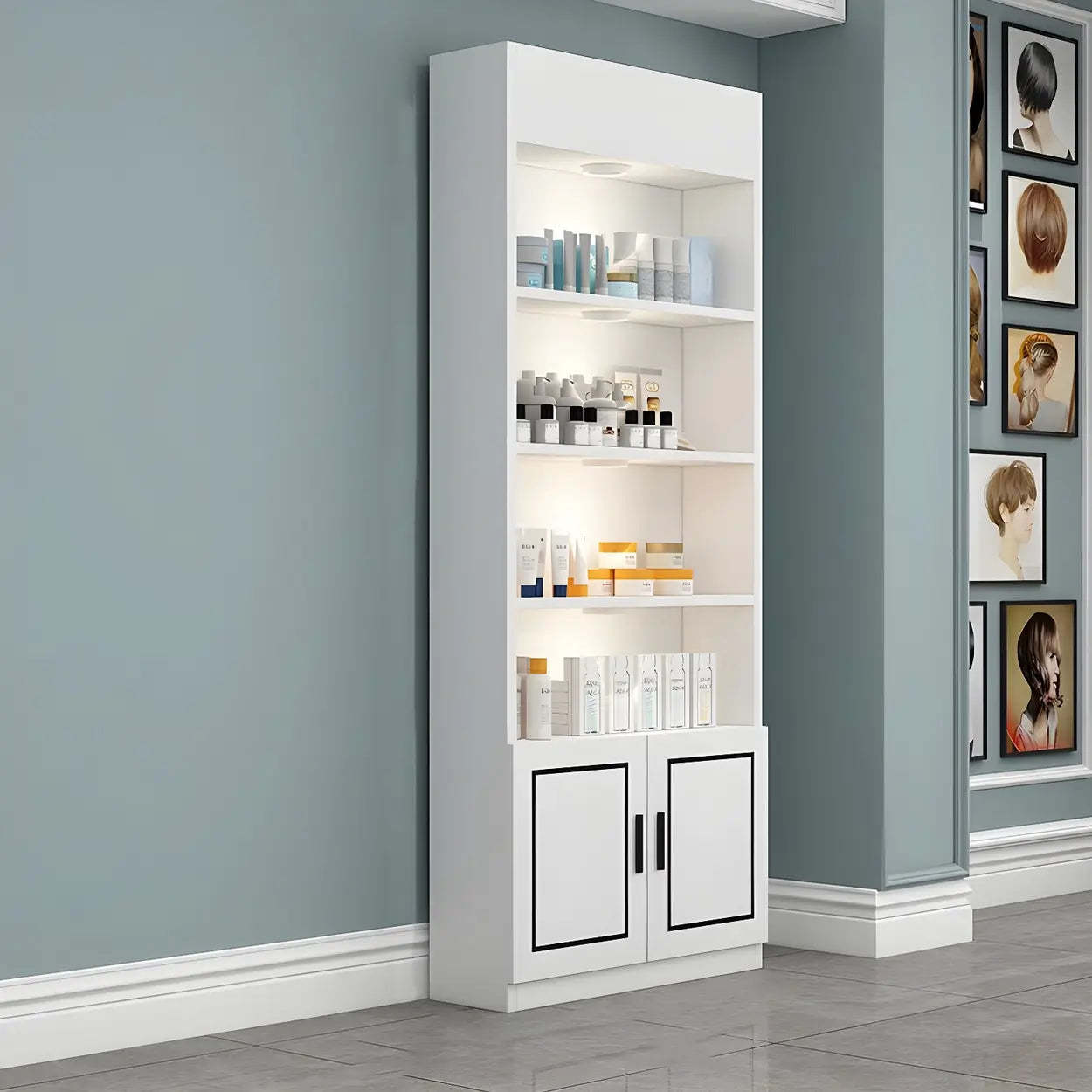 Modern White Rectangular Wood Open Display Cabinet