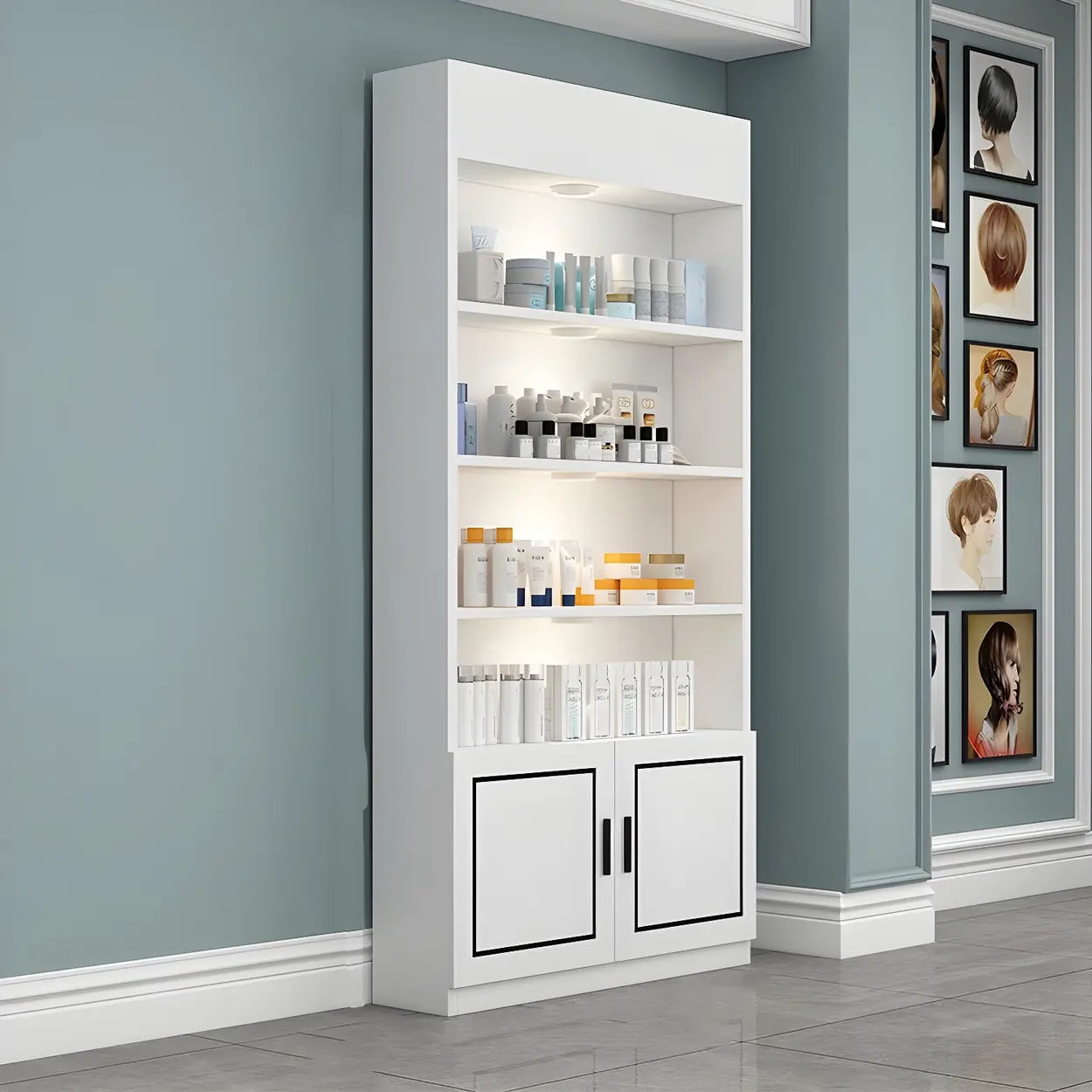 Modern White Rectangular Wood Open Display Cabinet