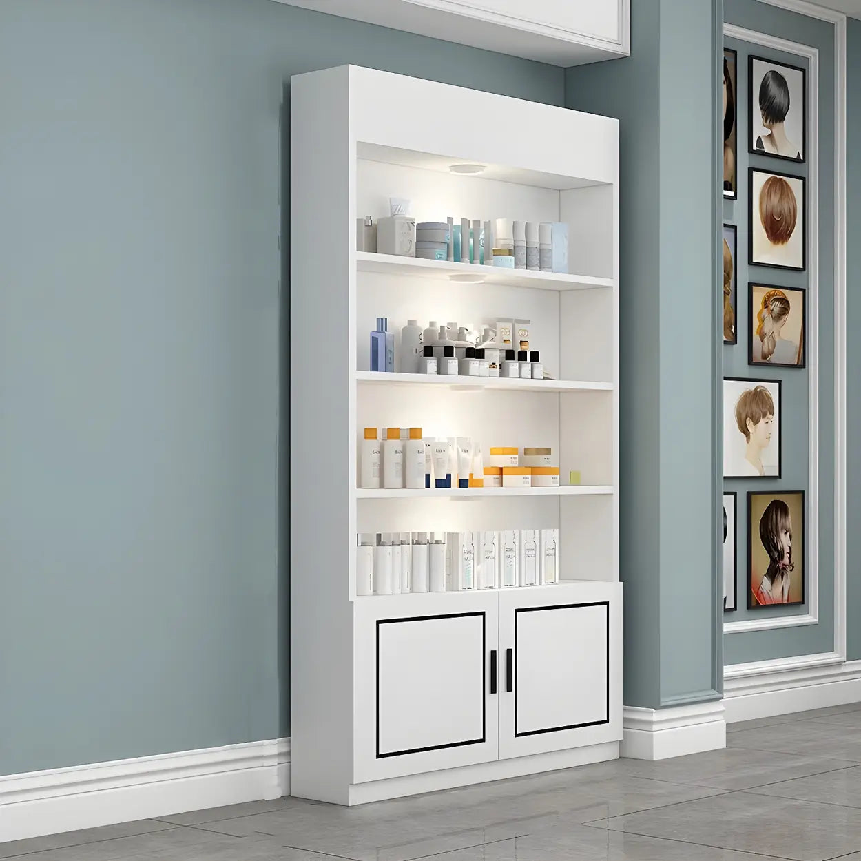 Modern White Rectangular Wood Open Display Cabinet