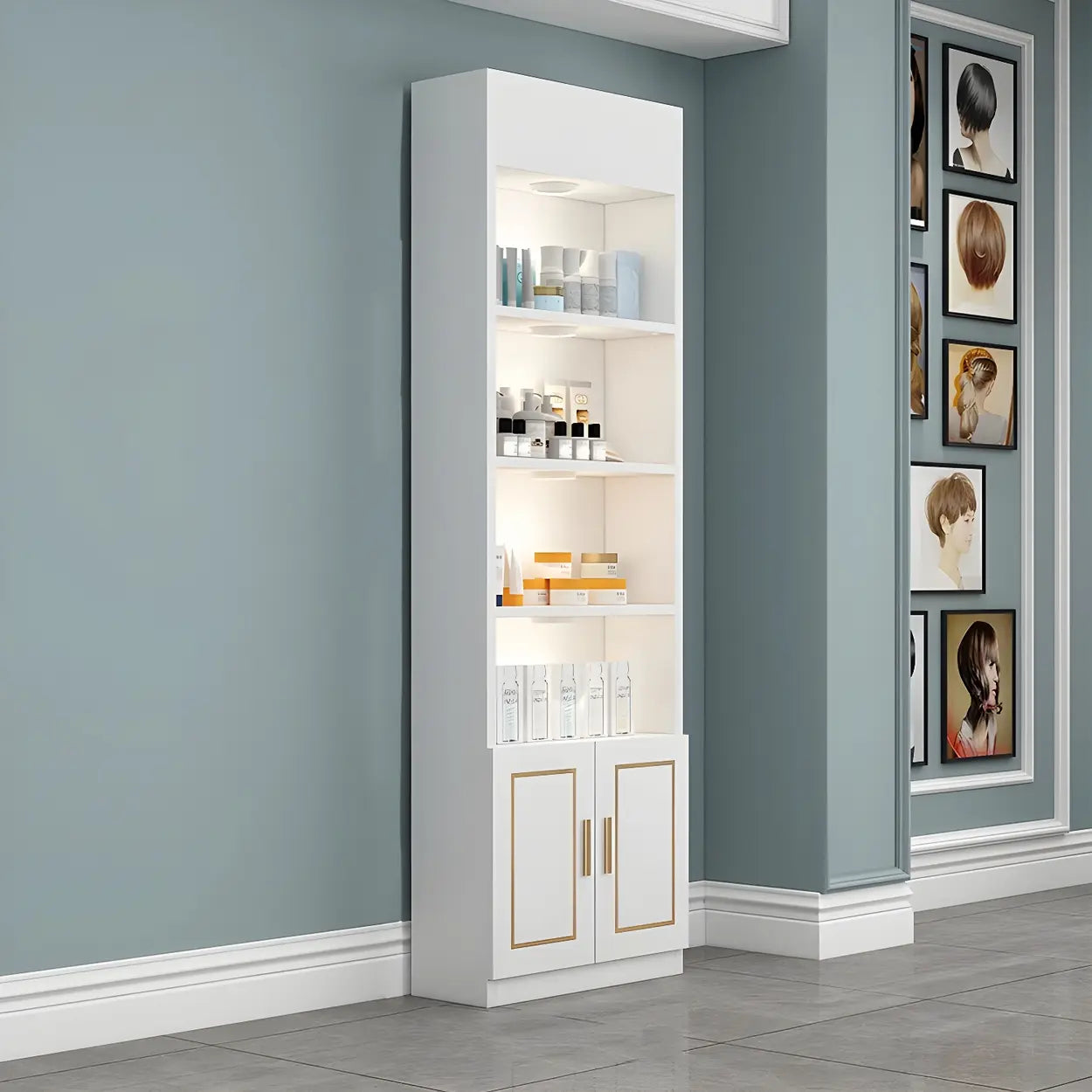Modern White Rectangular Wood Open Display Cabinet — White-Gold