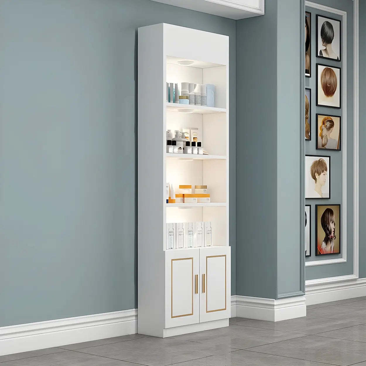 Modern White Rectangular Wood Open Display Cabinet — White-Gold