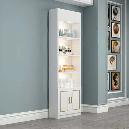 Modern White Rectangular Wood Open Display Cabinet — White-Gold