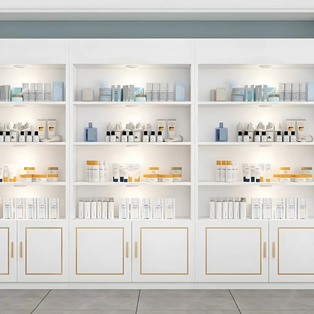Modern White Rectangular Wood Open Display Cabinet — White-Gold