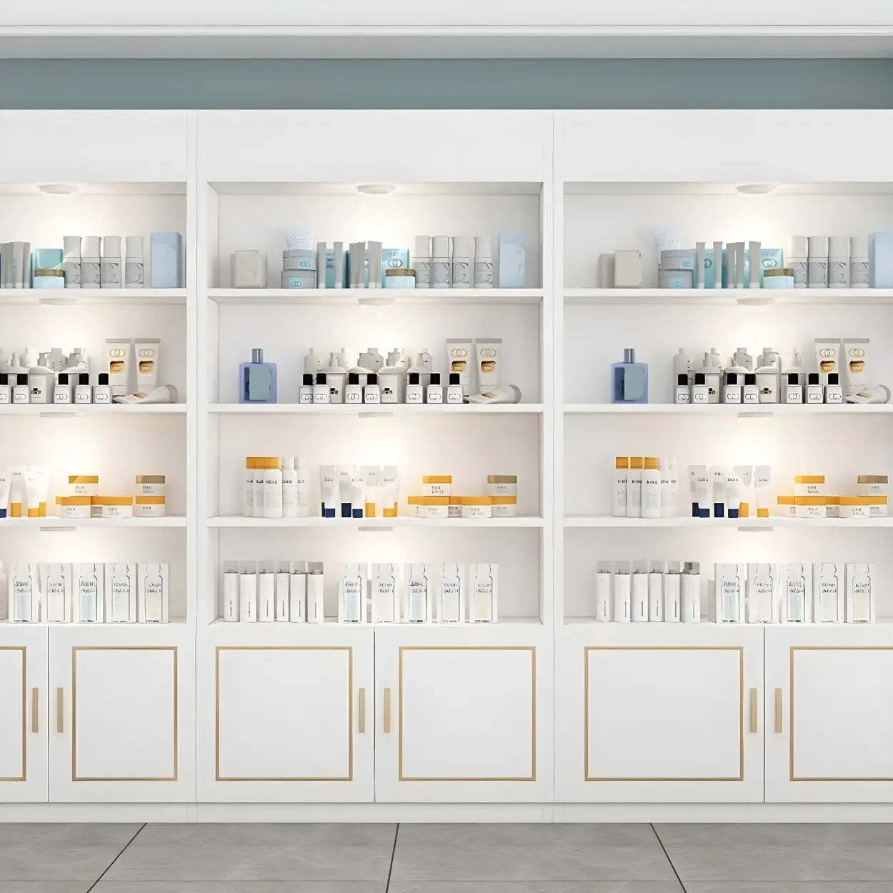 Modern White Rectangular Wood Open Display Cabinet — White-Gold