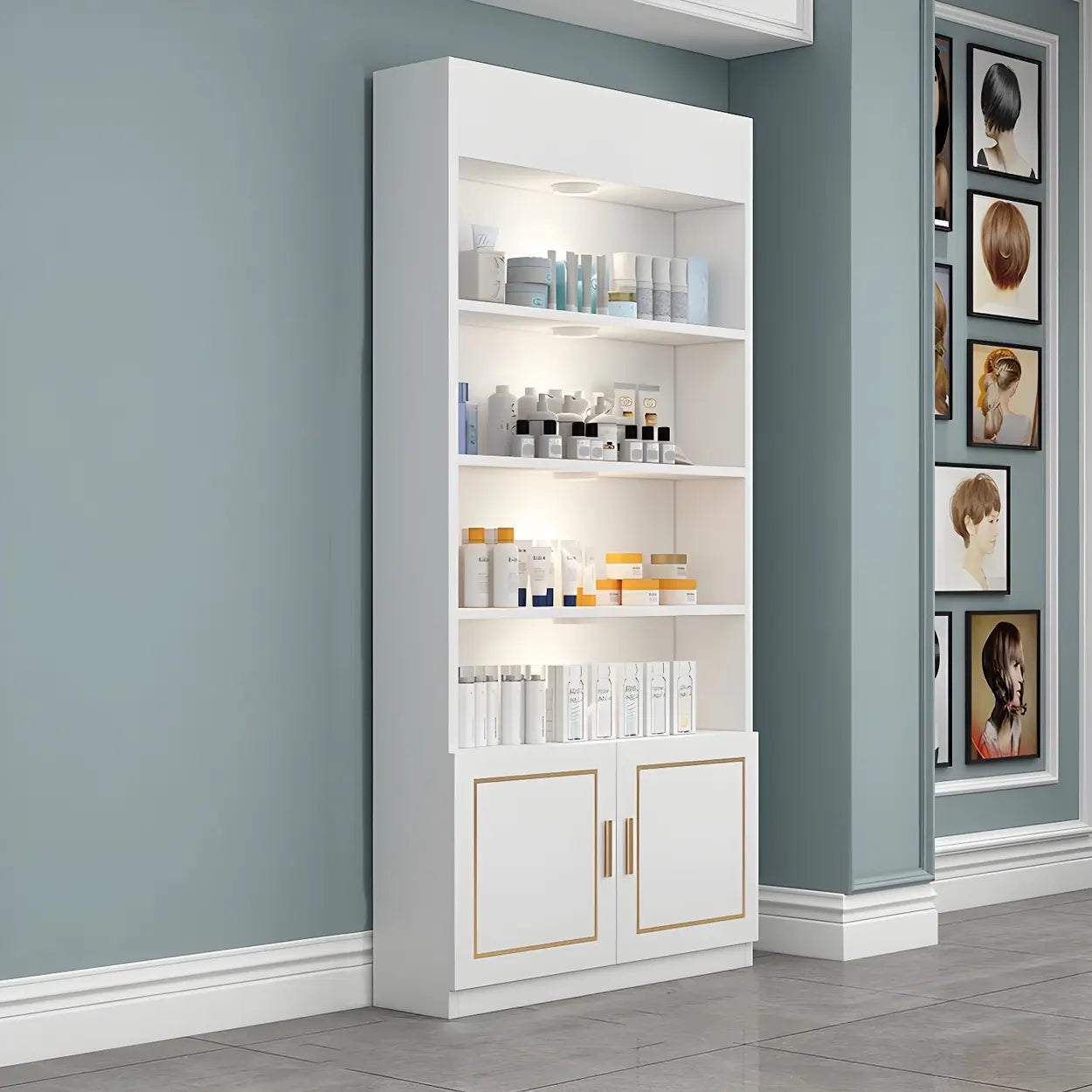 Modern White Rectangular Wood Open Display Cabinet — White-Black