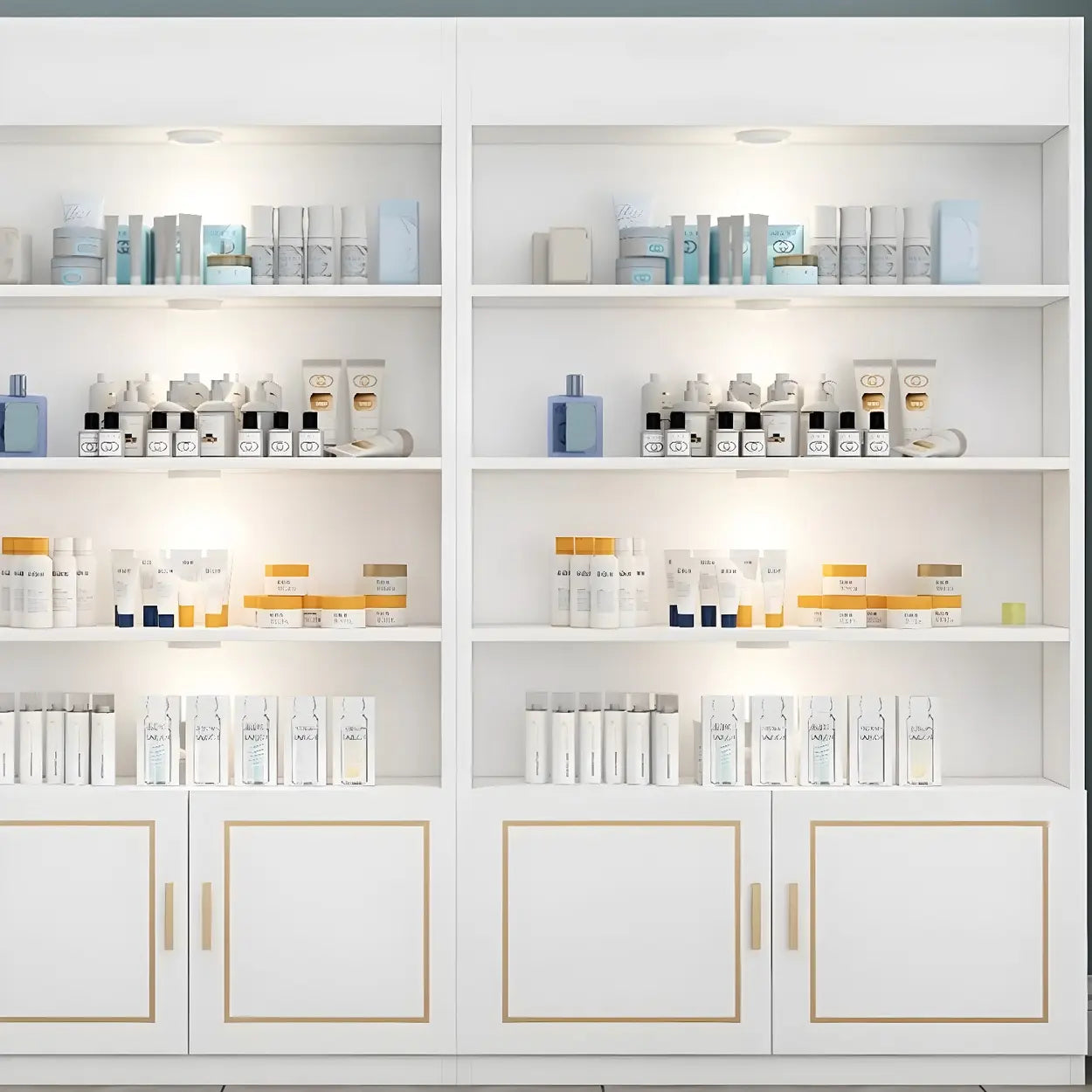 Modern White Rectangular Wood Open Display Cabinet — White-Gold