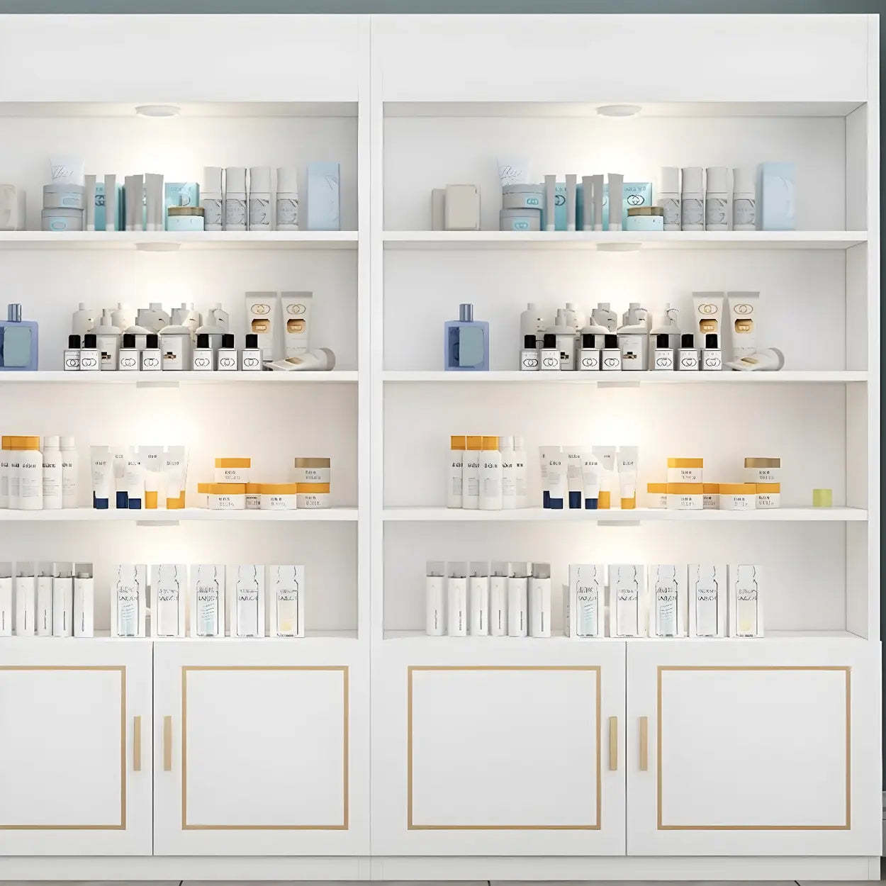 Modern White Rectangular Wood Open Display Cabinet — White-Gold