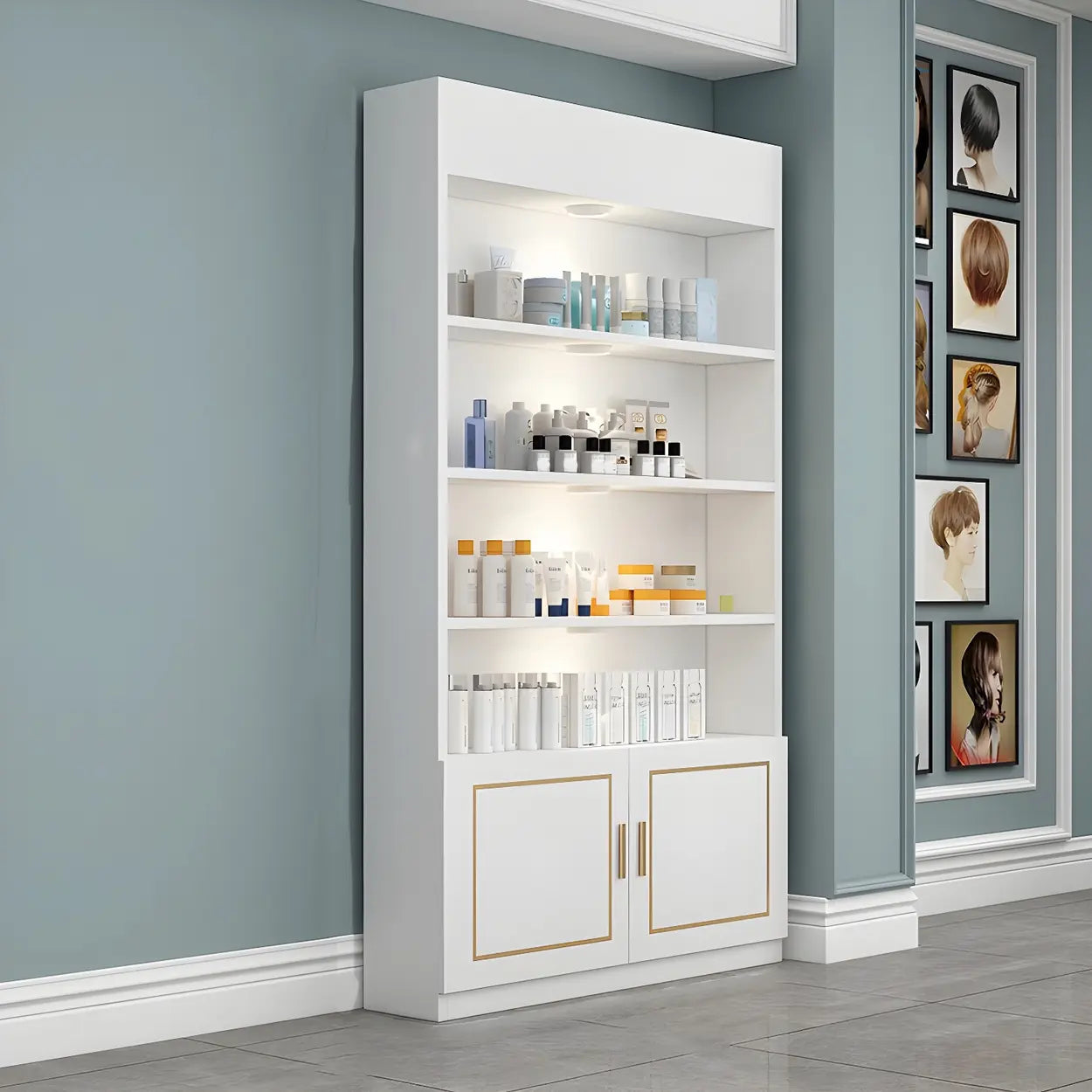 Modern White Rectangular Wood Open Display Cabinet — White-Black