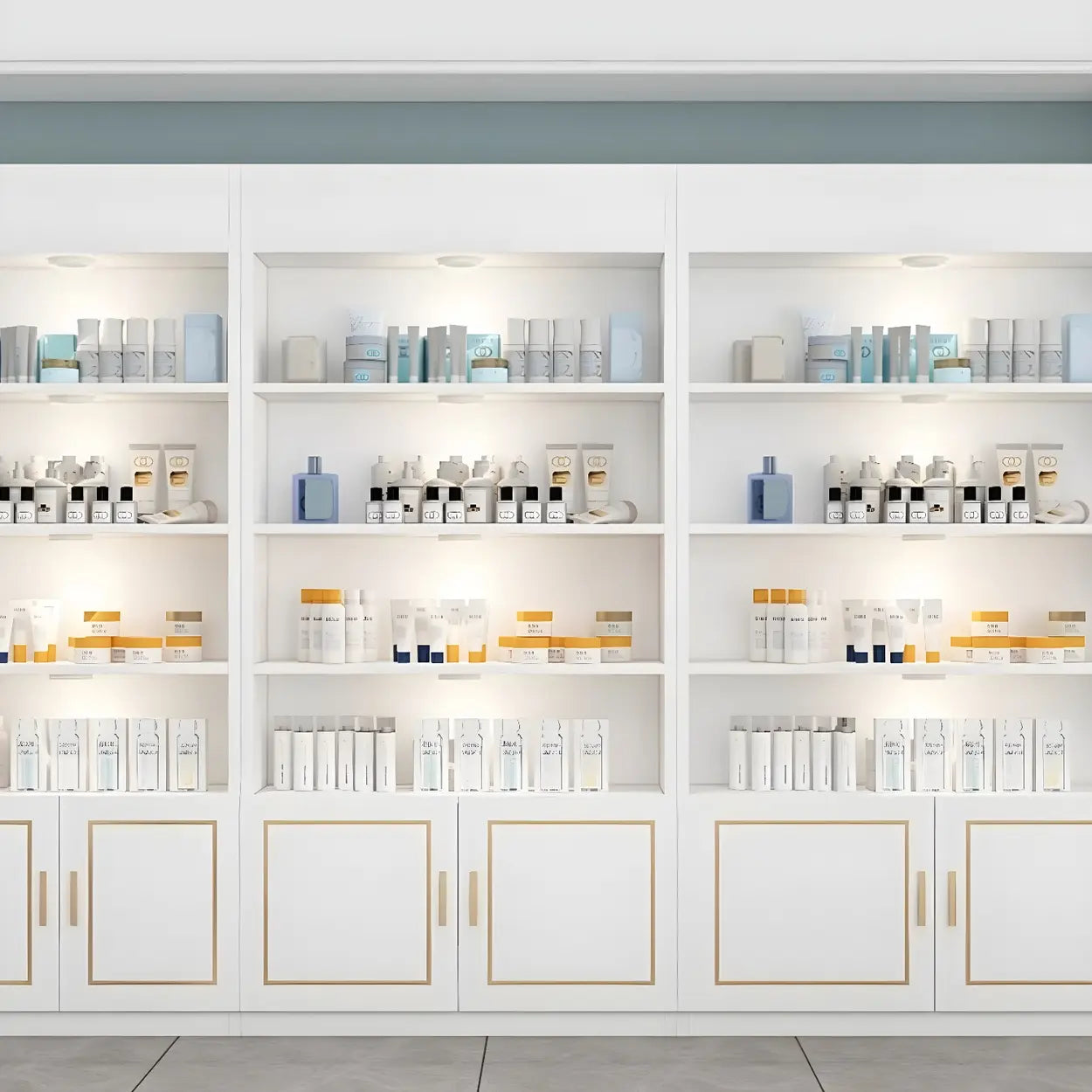 Modern White Rectangular Wood Open Display Cabinet — White-Gold