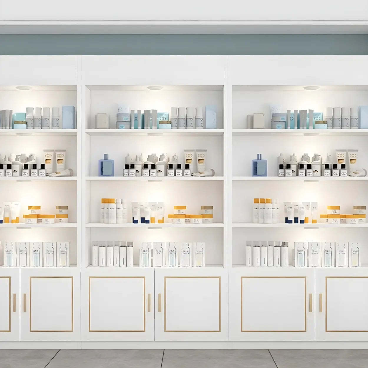 Modern White Rectangular Wood Open Display Cabinet — White-Gold