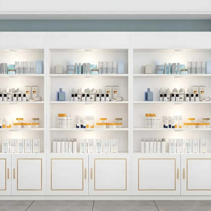 Modern White Rectangular Wood Open Display Cabinet — White-Gold
