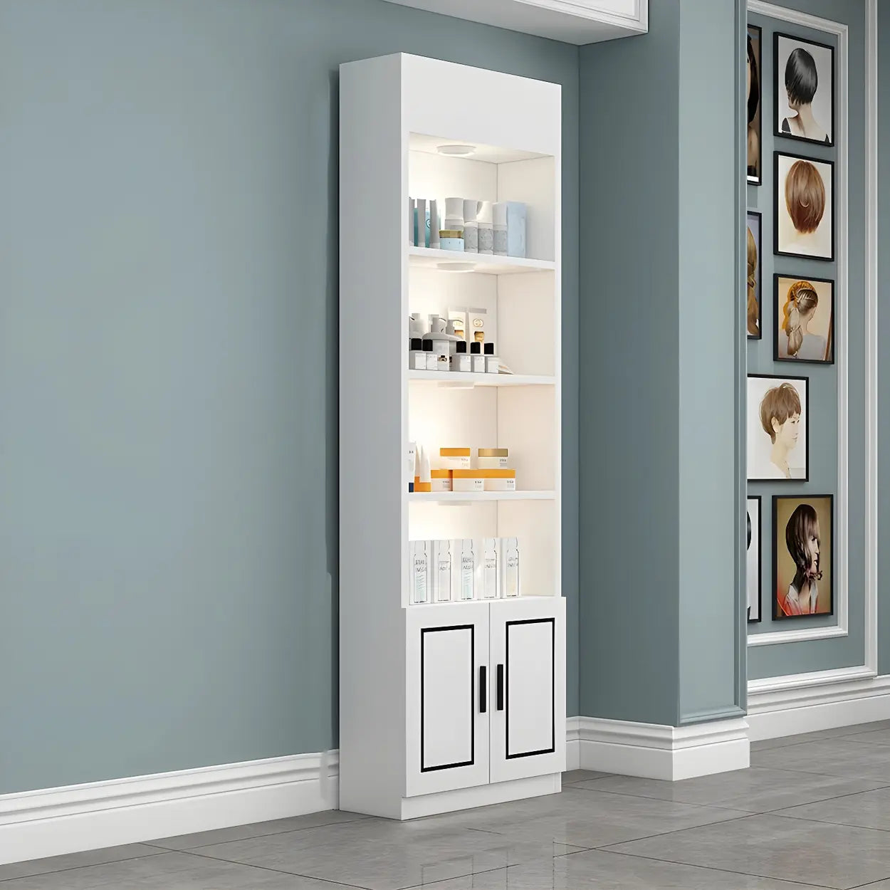 Modern White Rectangular Wood Open Display Cabinet