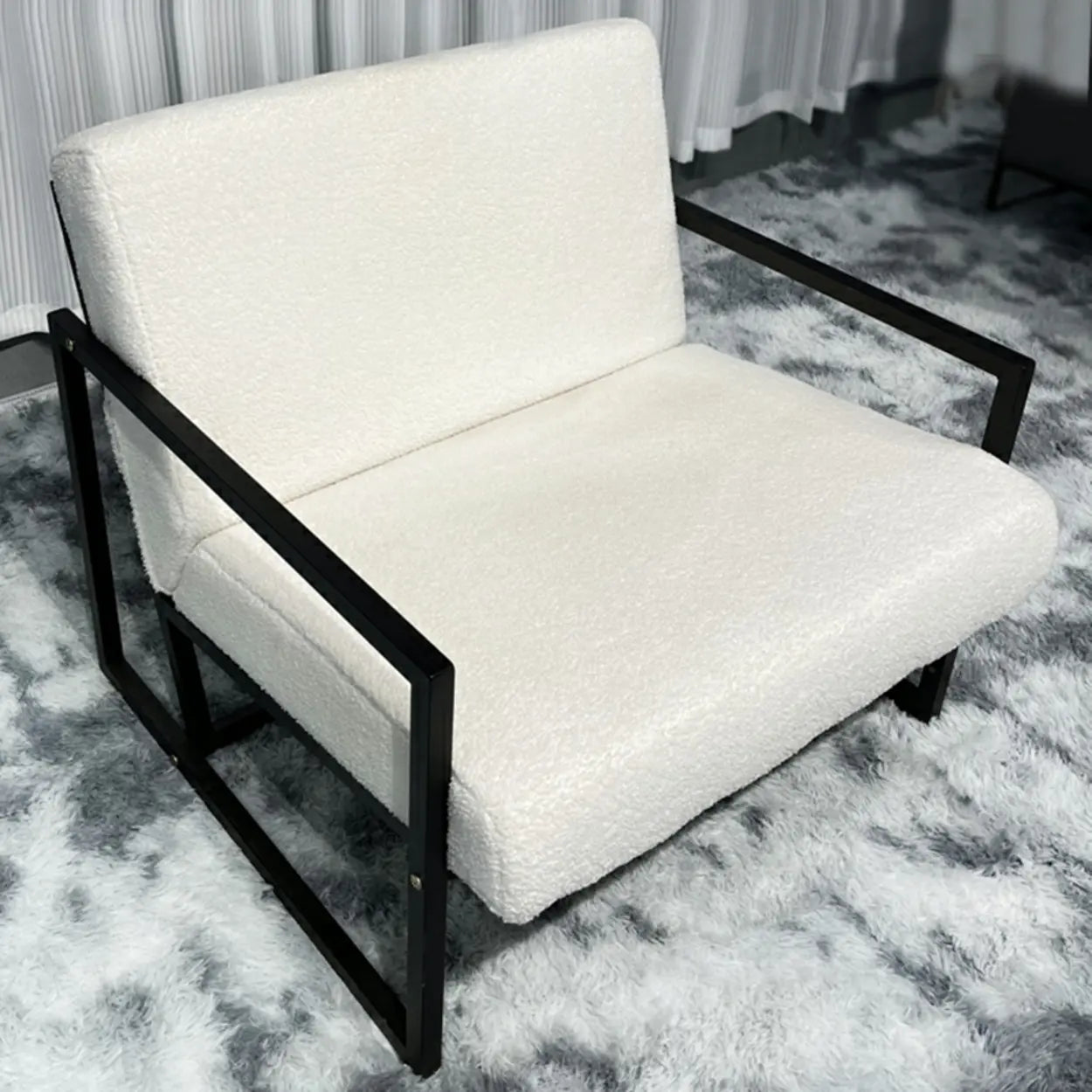 White Mohair Metal Square Arm Sled Arm Chair — Mohair