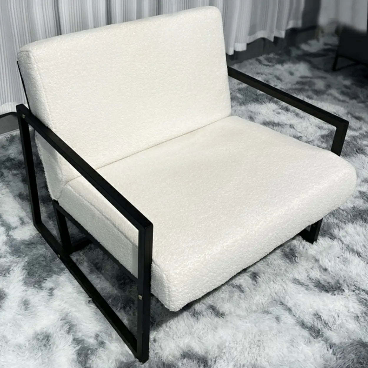 White Mohair Metal Square Arm Sled Arm Chair — Mohair