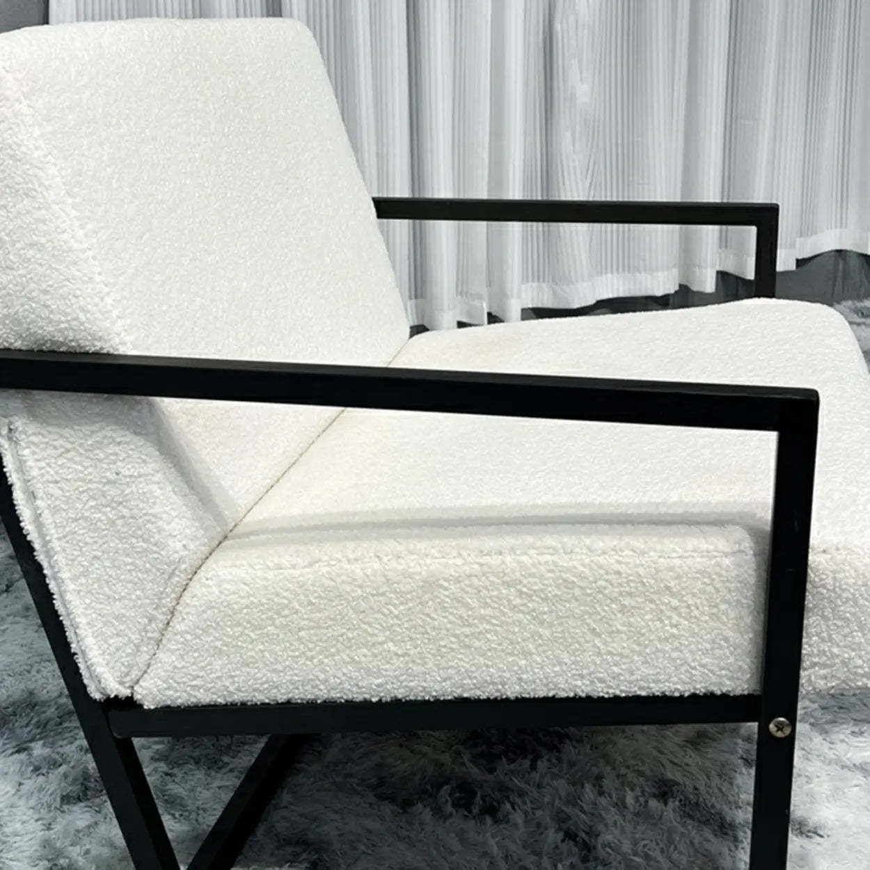 White Mohair Metal Square Arm Sled Arm Chair