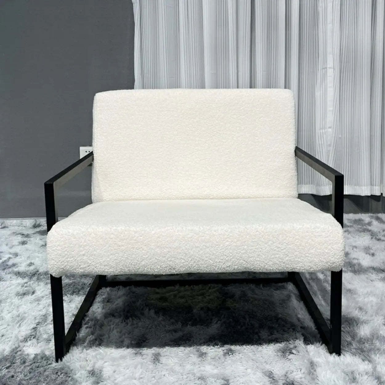 White Mohair Metal Square Arm Sled Arm Chair