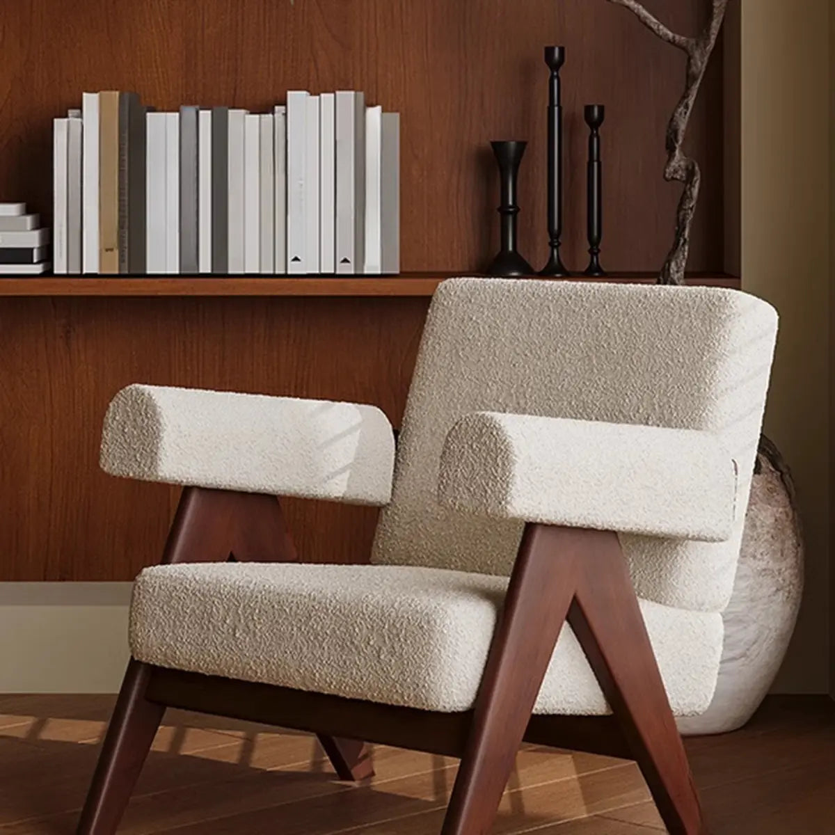 White Mohair Oak Wood Frame Arm Chair