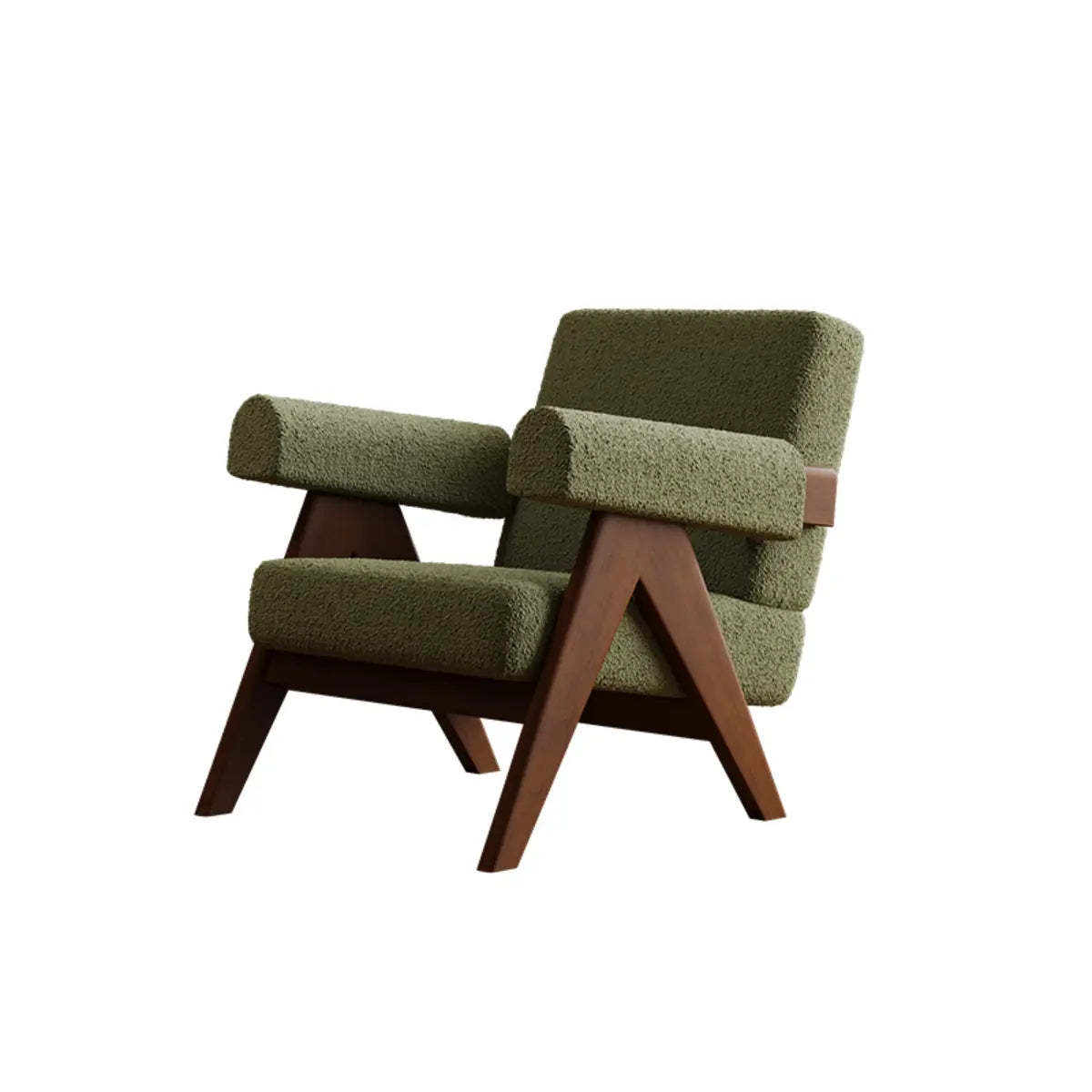 White Mohair Oak Wood Frame Arm Chair — Green / Mohair