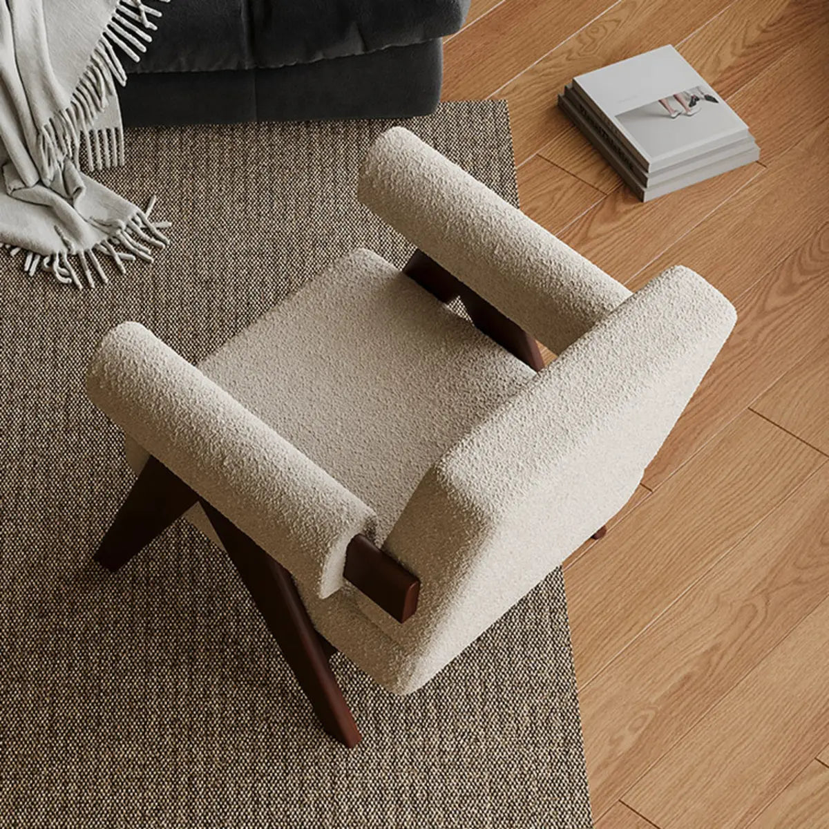 White Mohair Oak Wood Frame Arm Chair