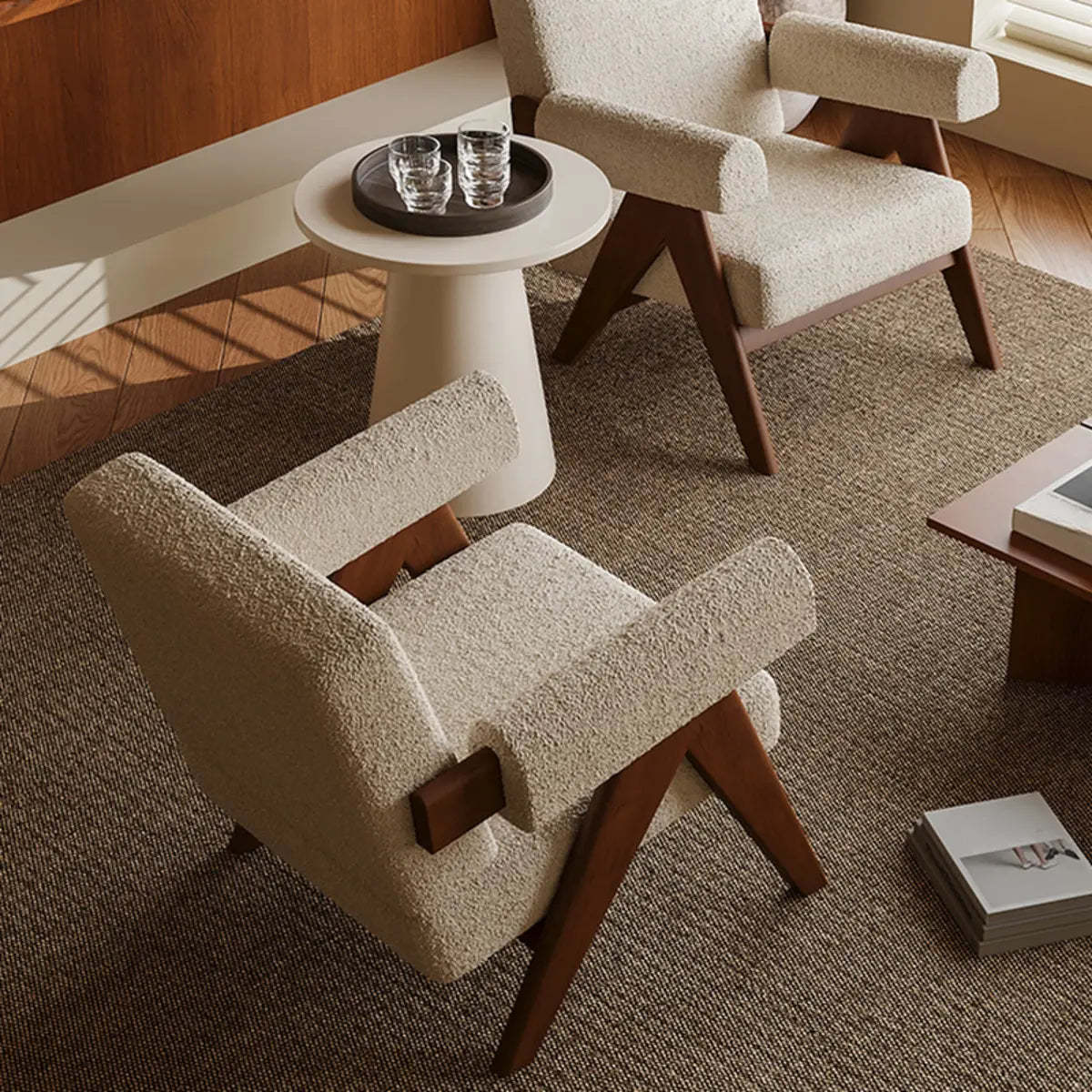 White Mohair Oak Wood Frame Arm Chair