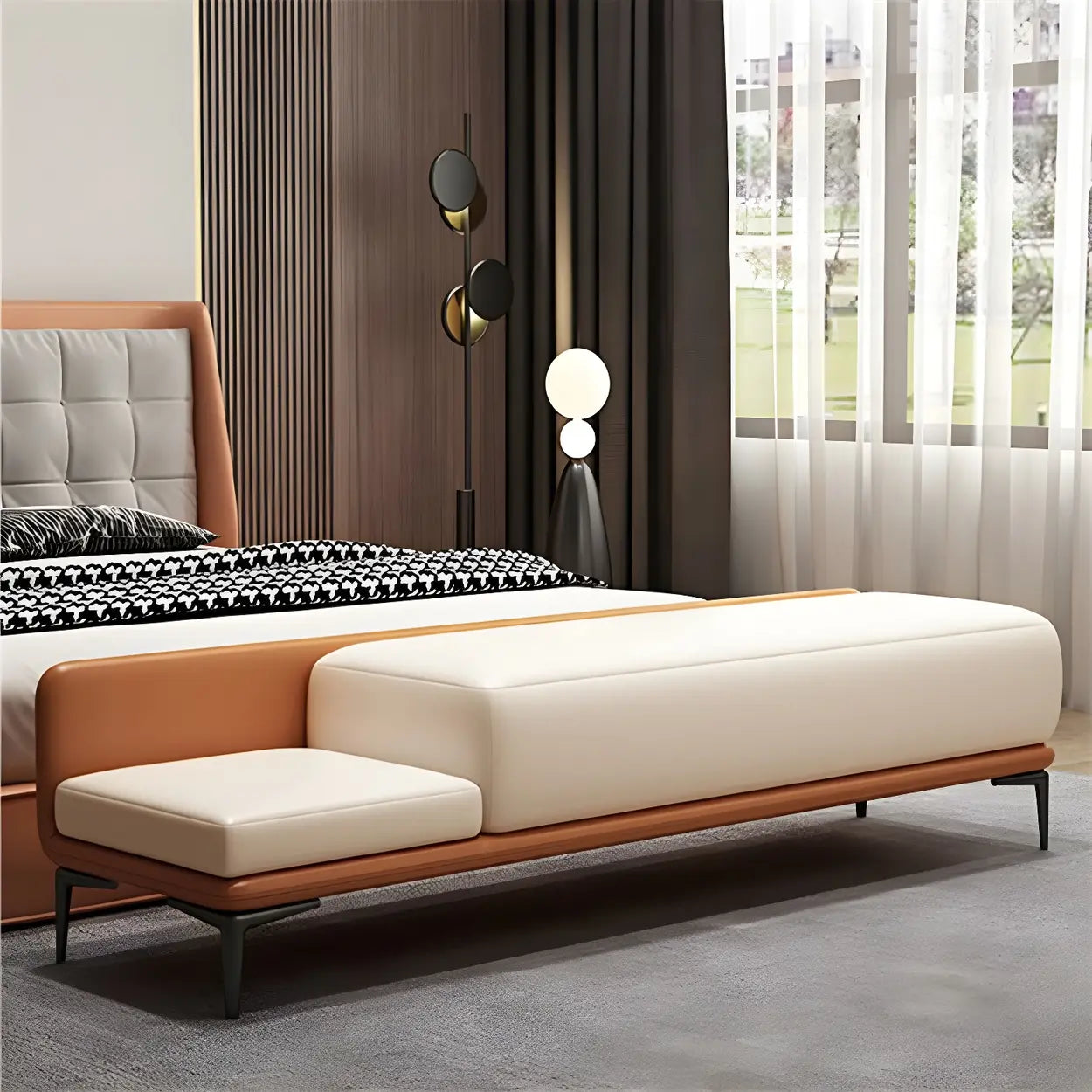 White-Orange Faux Leather Bedroom Bench — White/Orange