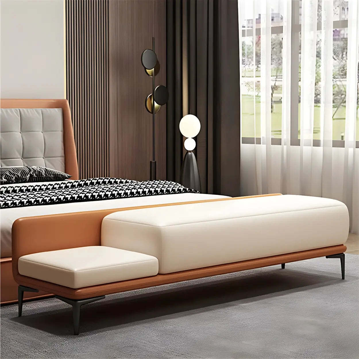 White-Orange Faux Leather Bedroom Bench — White/Orange