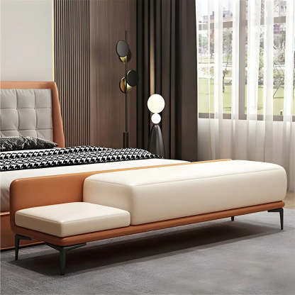 White-Orange Faux Leather Bedroom Bench — White/Orange