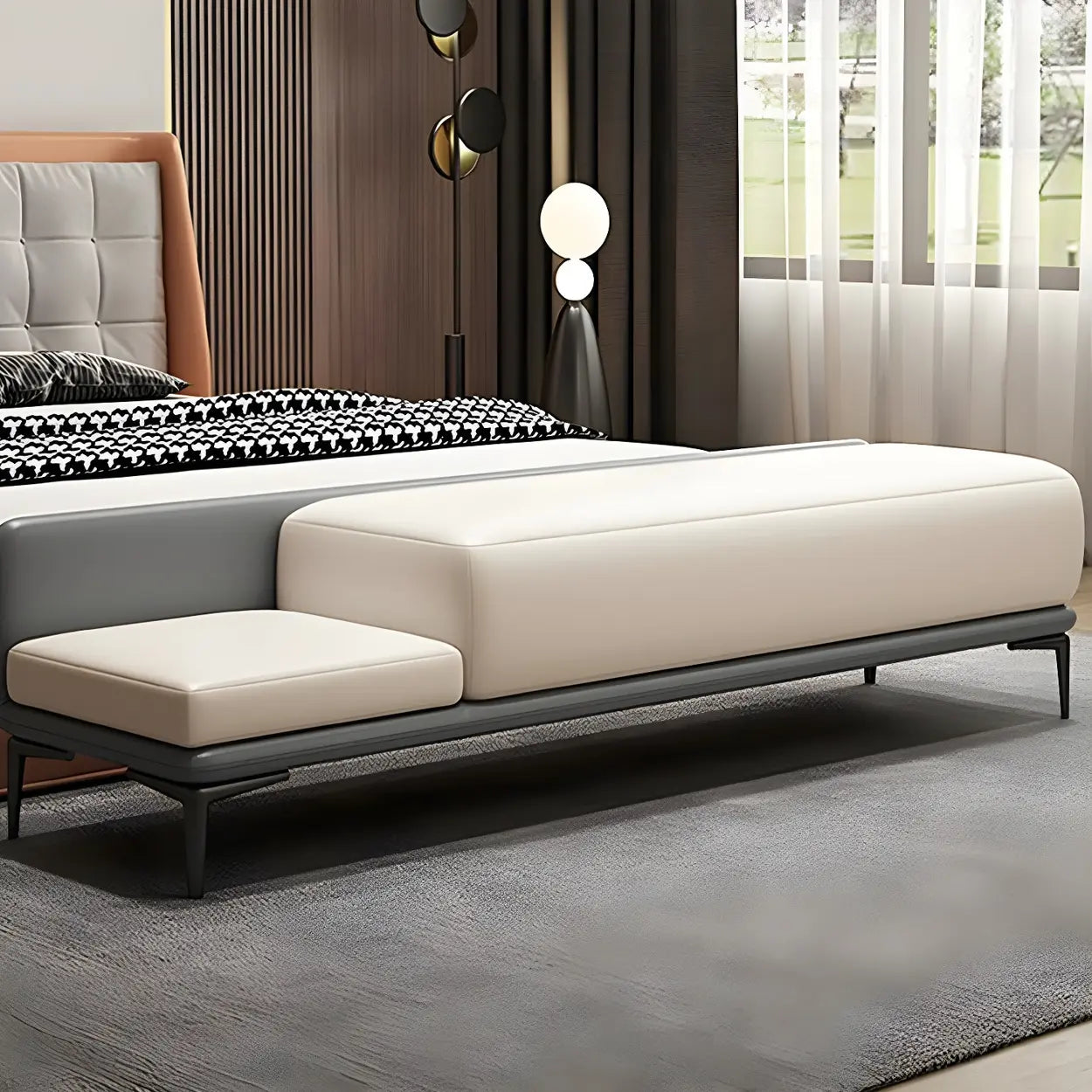 White-Orange Faux Leather Bedroom Bench — Grey/ Orange