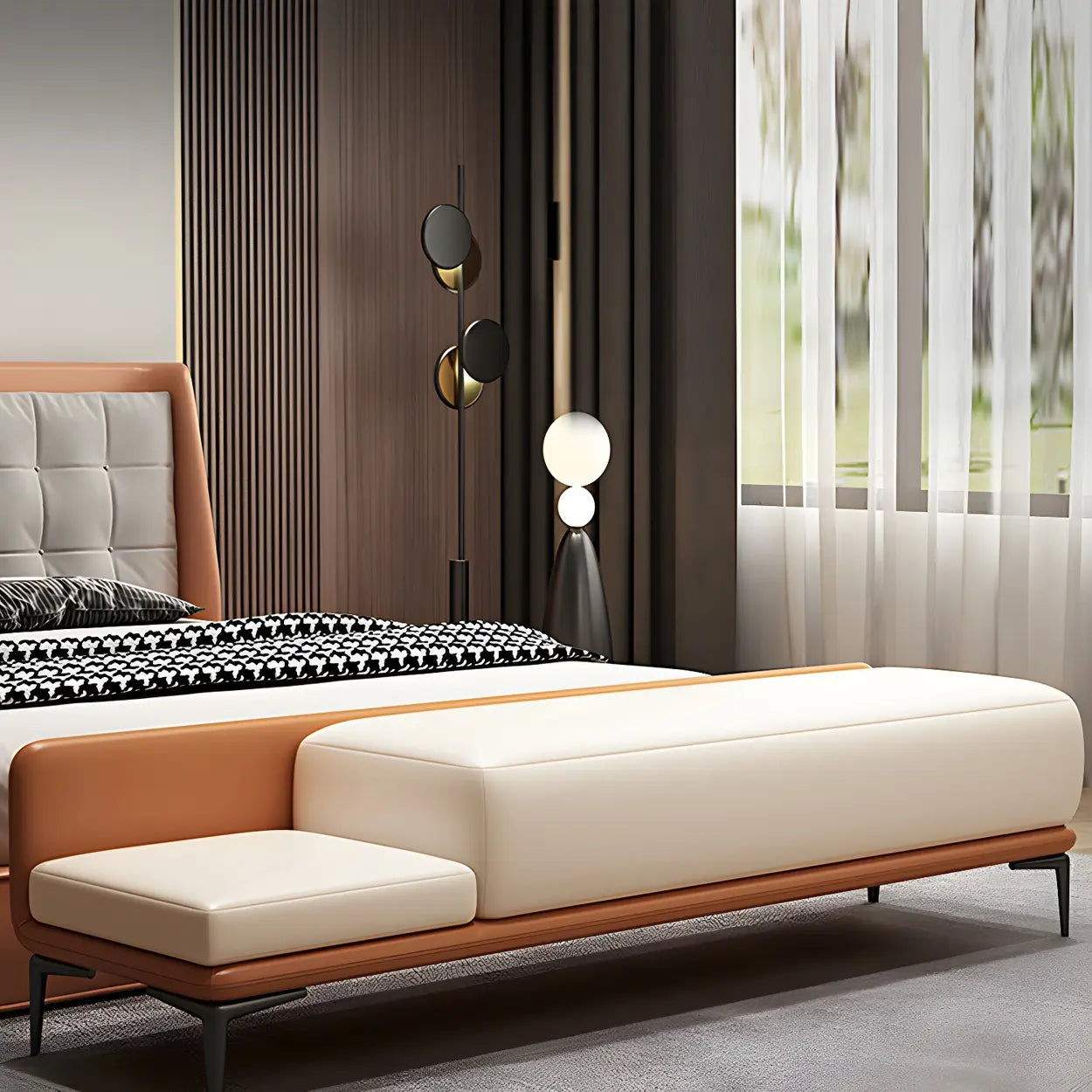 White-Orange Faux Leather Bedroom Bench — Grey/ Orange