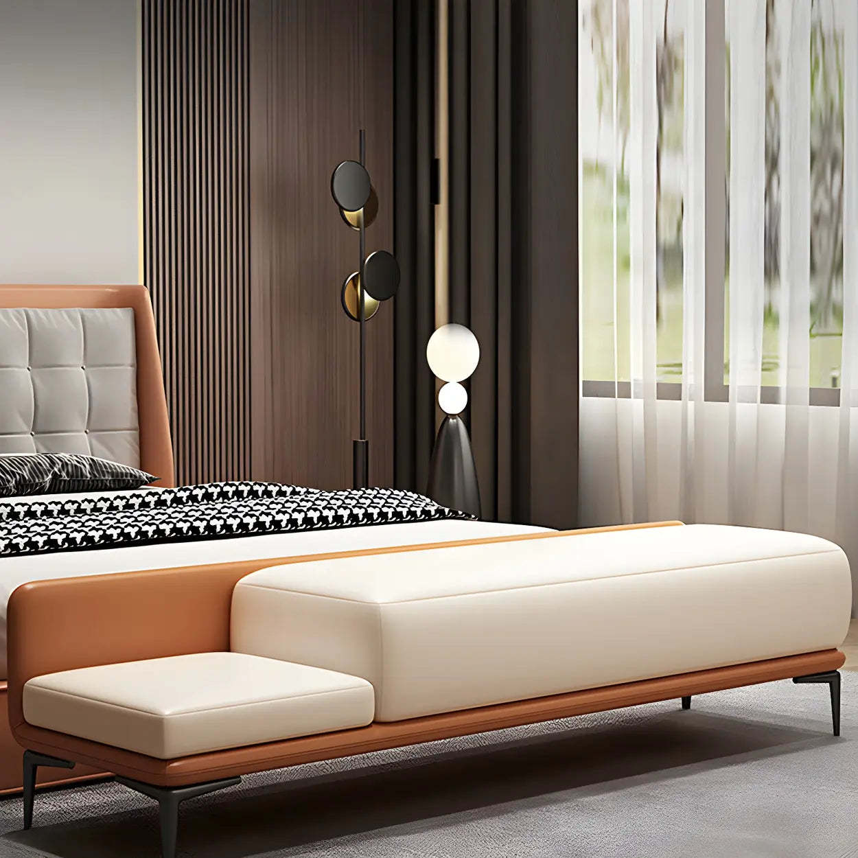 White-Orange Faux Leather Bedroom Bench — Grey/ Orange