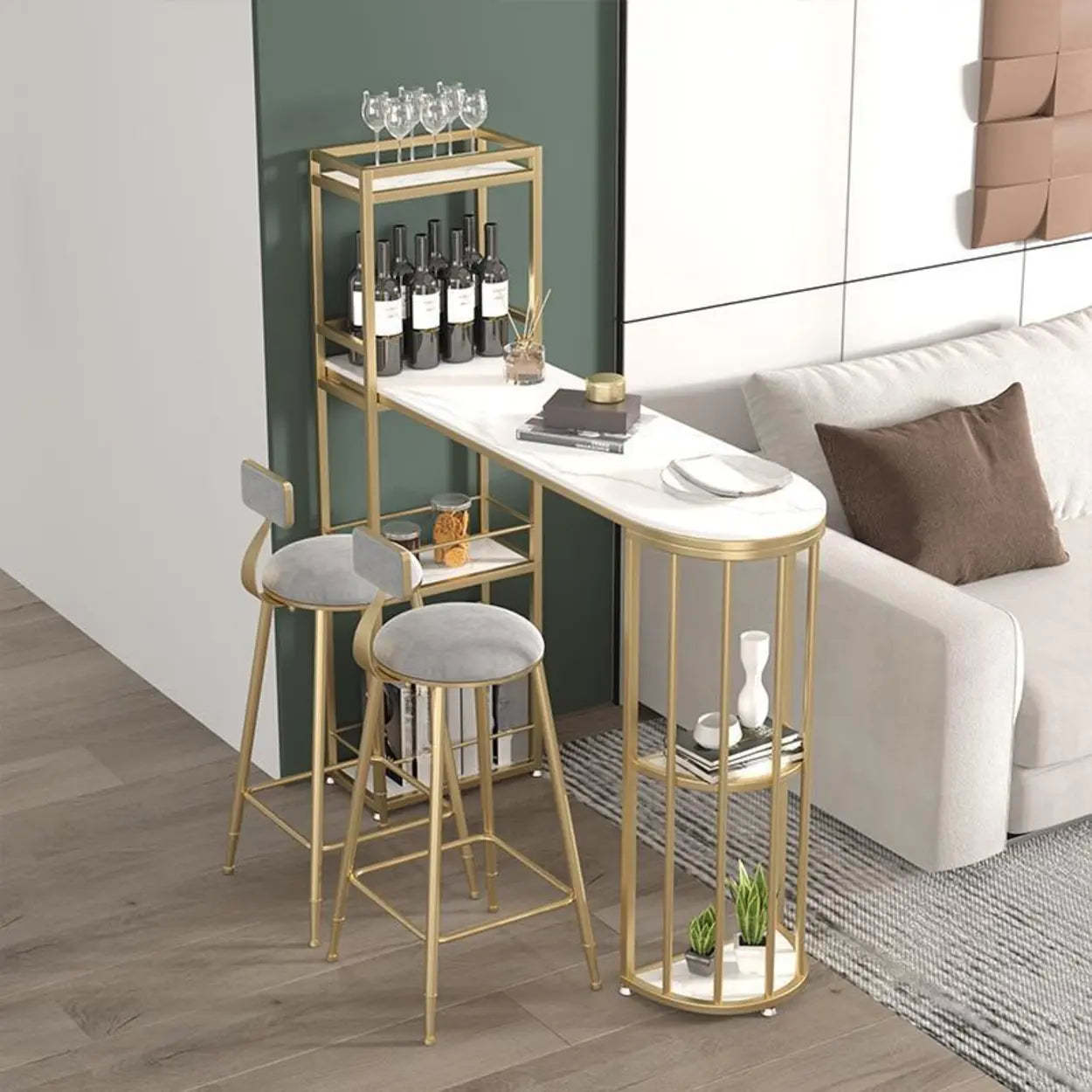 White Oval Marble Tall Bar Table Gold Frame — Black-Gold / Table Only