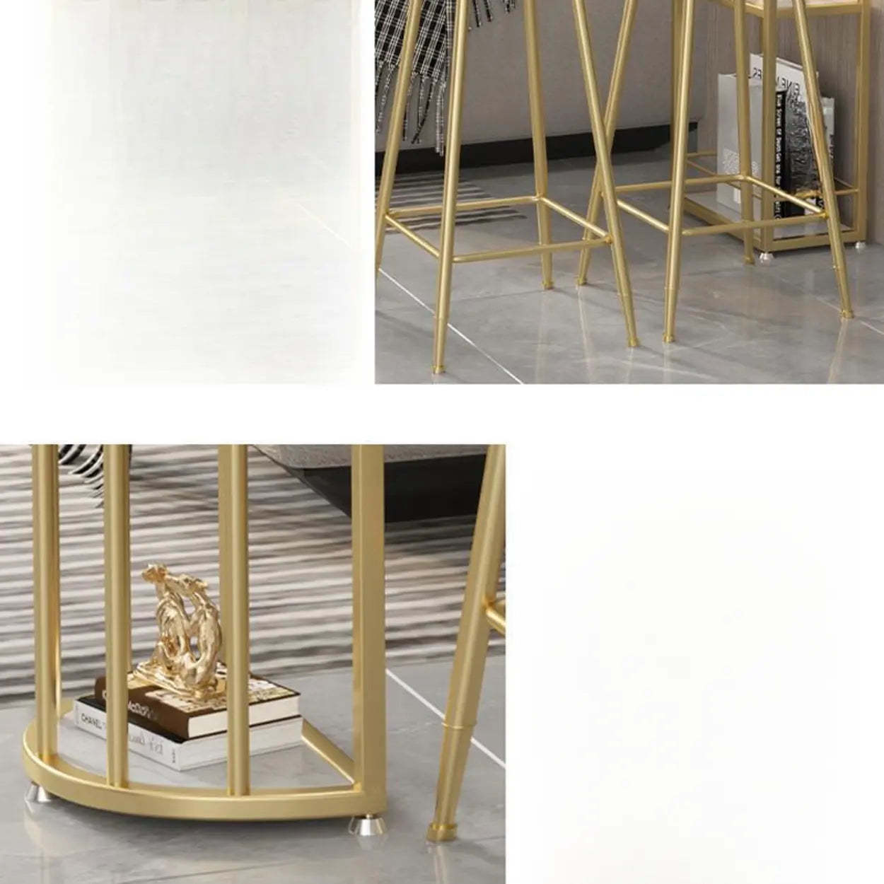 White Oval Marble Tall Bar Table Gold Frame — Black-Black / Table Only