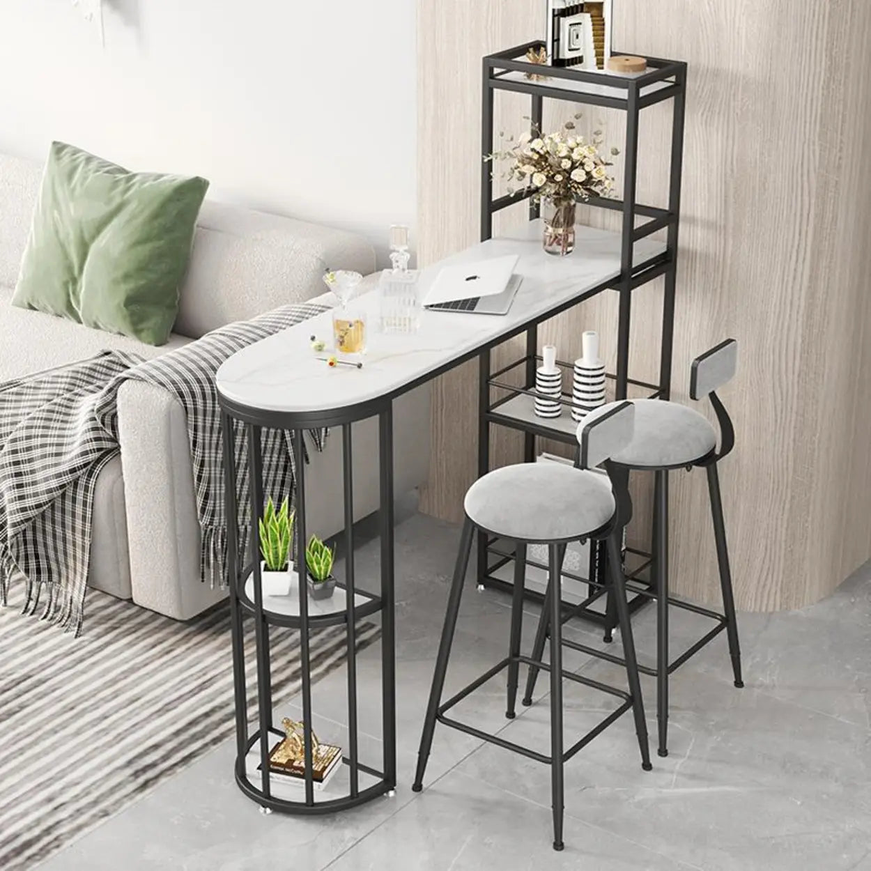 White Oval Marble Tall Bar Table Gold Frame — Black-Black / Table Only