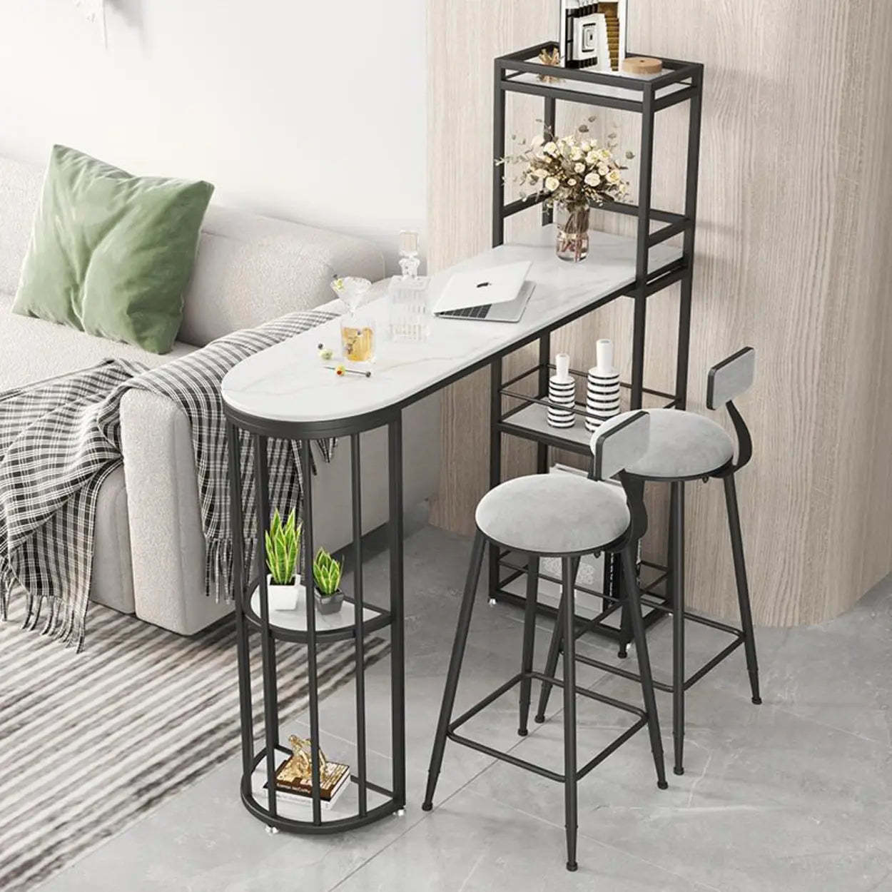 White Oval Marble Tall Bar Table Gold Frame — Black-Black / Table Only