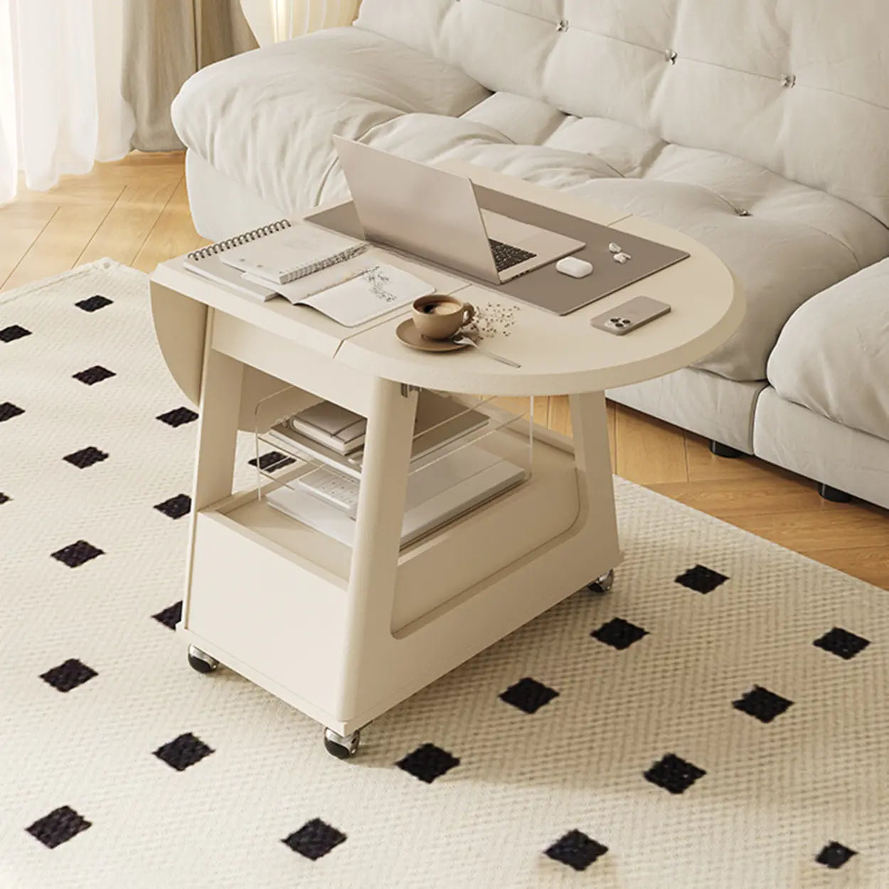 White Rectangle Foldable Rolling End Table