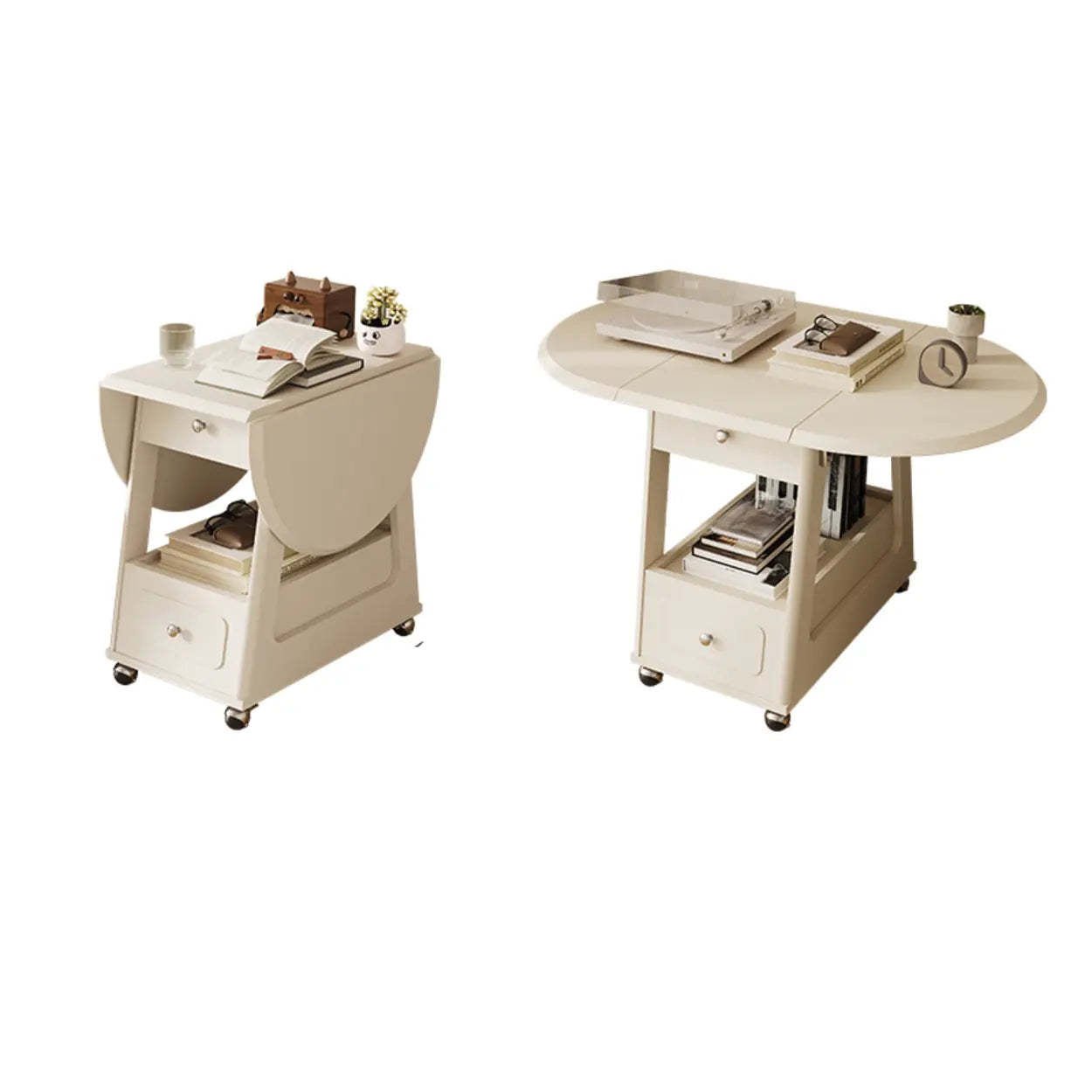 White Rectangle Foldable Rolling End Table — Wood