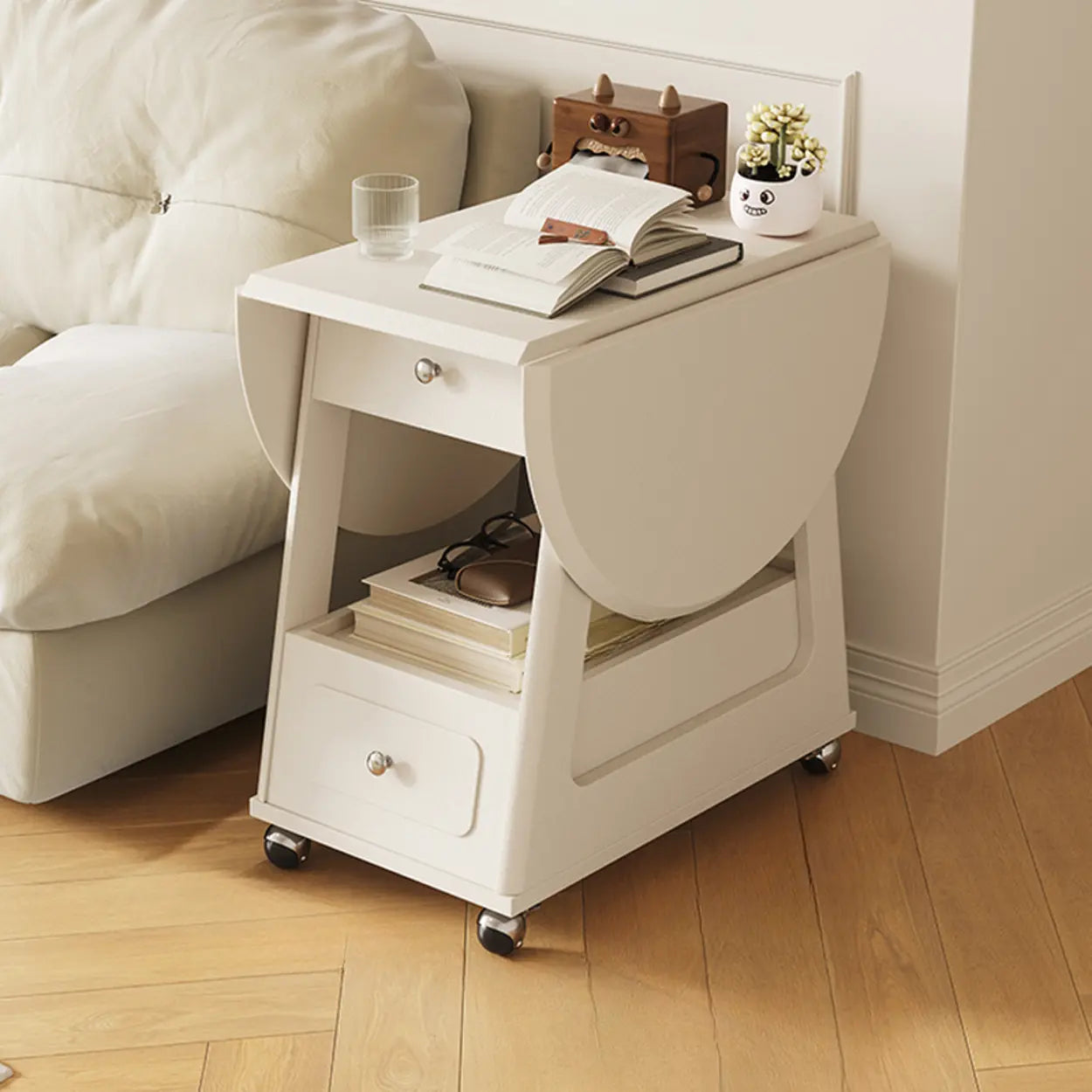 White Rectangle Foldable Rolling End Table
