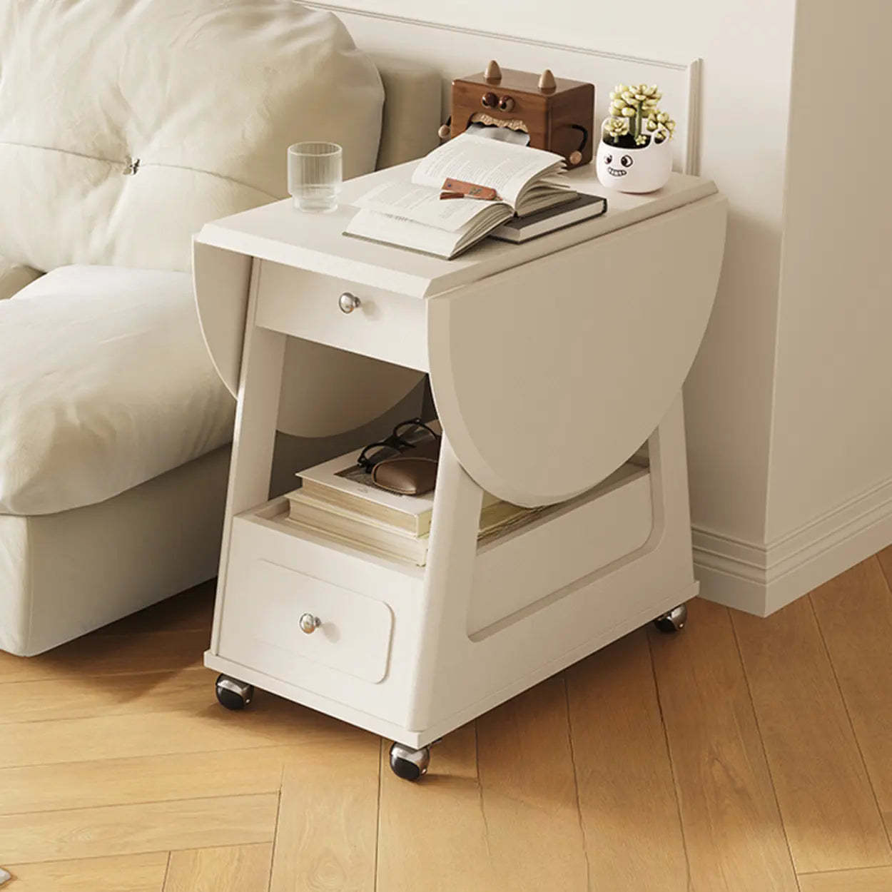 White Rectangle Foldable Rolling End Table