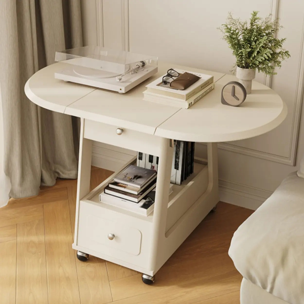 White Rectangle Foldable Rolling End Table